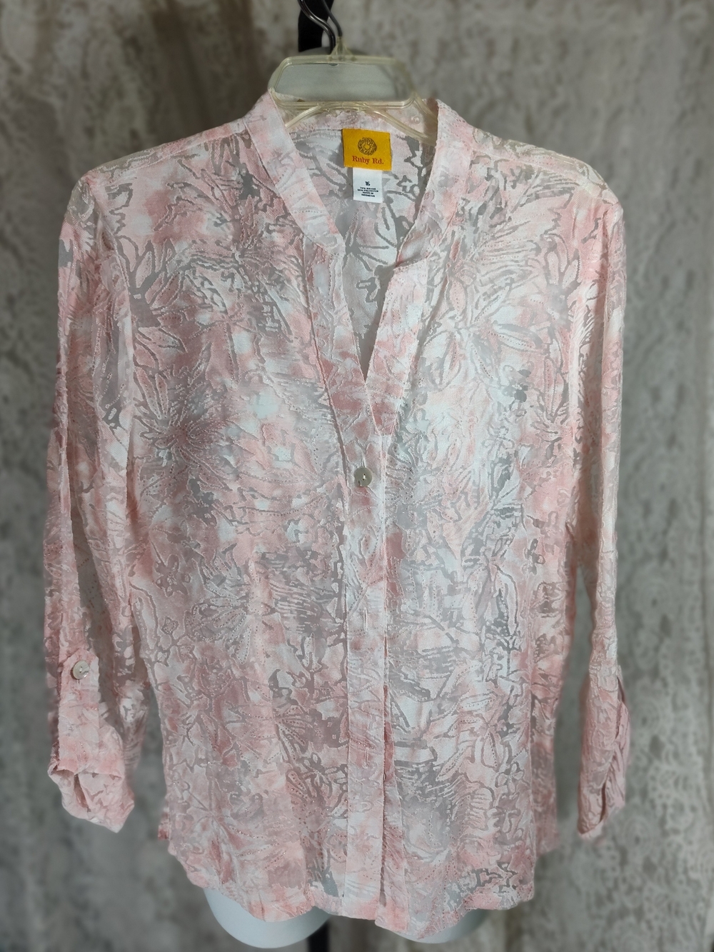 Ruby Rd. Pink and Gray Floral Button-Up Blouse